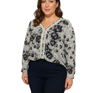 Pleione Medium Blue Cream Lace Floral Long Sleeve Blouse